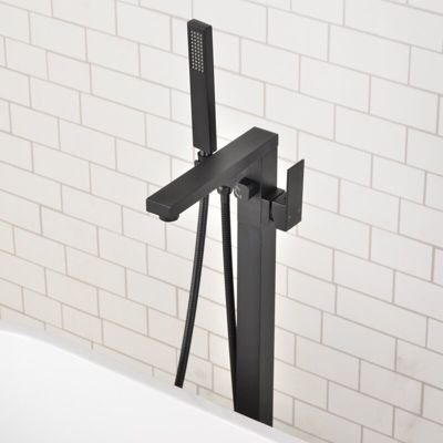 Silla élégant Robinet de Baignoire sur pied avec inverseur et bec rotatif avec douchette et flexible, Noir mat