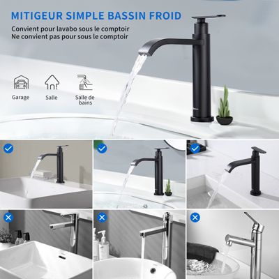 Robinet Lavabo Eau Froide Decaura - Acier Inoxydable Noir Mat | Levier Unique 90°
