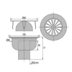 Siphon de sol grille inox sortie verticale 100x100mm D90mm - VALENTIN - 00 460200 000 00