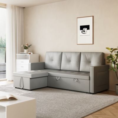 SIRHONA Canapé-lit d'angle triple-203x130x88cm+Tablette cachée+Compartiment de rangement+Gris clair