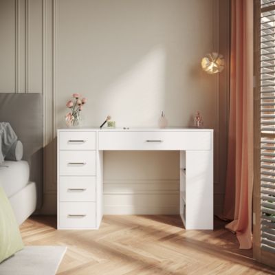SIRHONA Coiffeuse Blanche 120x40x75cm + Bureau multifonctionnel + Espace de Rangement Extra + Avec Tiroirs de Cloison