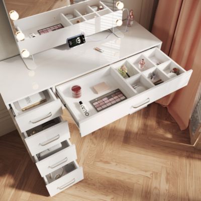 SIRHONA Coiffeuse Blanche 120x40x75cm + Bureau multifonctionnel + Espace de Rangement Extra + Avec Tiroirs de Cloison