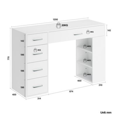 SIRHONA Coiffeuse Blanche 120x40x75cm + Bureau multifonctionnel + Espace de Rangement Extra + Avec Tiroirs de Cloison