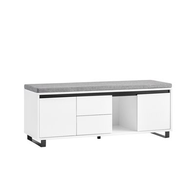SoBuy Banc d'Entrée avec Coussin, 2 Tiroirs et 2 Portes, Blanc, 110x35x42 cm, FSR176-W