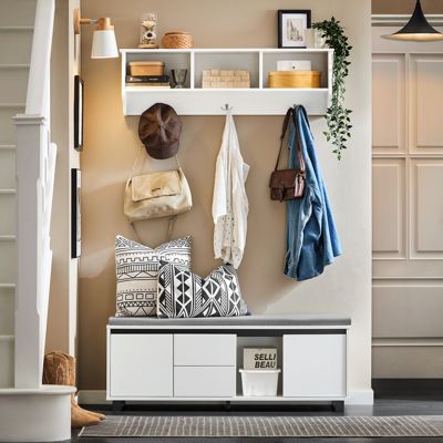 SoBuy Banc d'Entrée avec Coussin, 2 Tiroirs et 2 Portes, Blanc, 110x35x42 cm, FSR176-W