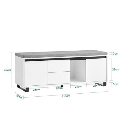 SoBuy Banc d'Entrée avec Coussin, 2 Tiroirs et 2 Portes, Blanc, 110x35x42 cm, FSR176-W