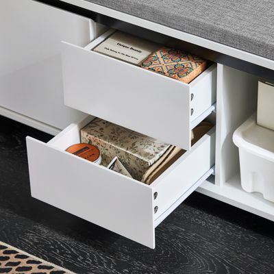 SoBuy Banc d'Entrée avec Coussin, 2 Tiroirs et 2 Portes, Blanc, 110x35x42 cm, FSR176-W