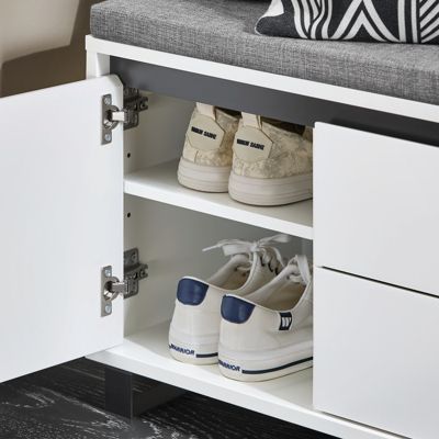 SoBuy Banc d'Entrée avec Coussin, 2 Tiroirs et 2 Portes, Blanc, 110x35x42 cm, FSR176-W