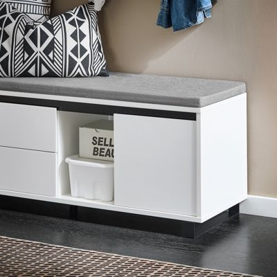 SoBuy Banc d'Entrée avec Coussin, 2 Tiroirs et 2 Portes, Blanc, 110x35x42 cm, FSR176-W