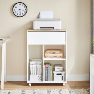 Caisson, support d'imprimante bureau, avec 3 tiroirs, meuble de rangement mobile, compartiments ouverts, pour format a4, documents, style industriel, blanc boisé