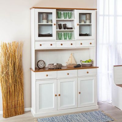 SOCOA - Buffet Vaisselier 5 Portes 6 Tiroirs Bois Massif Vernis Sepia et Blanc