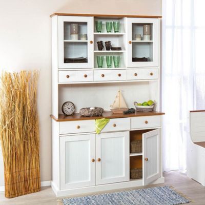 SOCOA - Buffet Vaisselier 5 Portes 6 Tiroirs Bois Massif Vernis Sepia et Blanc