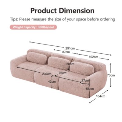 Sofa 3 places,modulaire,rose, tissu premium, coussins inclus
