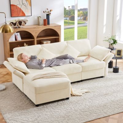 Sofa L,Beige, convertible en 3 places, avec 4 coussins et accoudoirs ajustables, tissu chenille.