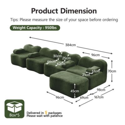Sofa modulaire L,4 places,vert,1 ottoman,32D mousse haute densité,rembourrage mobile