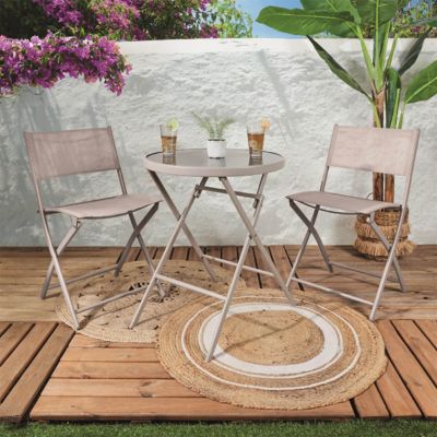 SOHAN - Table Pliante de Jardin Ronde Beige en Métal et Verre Trempé
