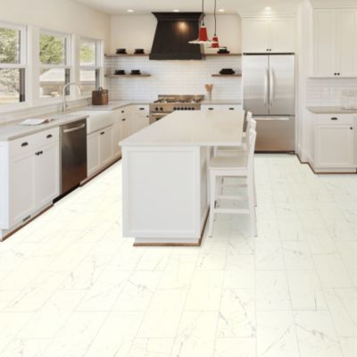 Sol Lino Tendance - Imitation carrelage en marbre blanc vanille - Rouleau de 3m x 13m