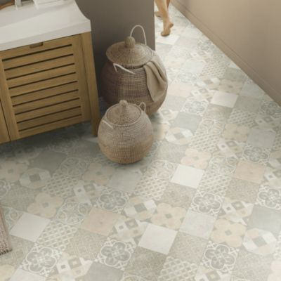 Sol PVC - Carreaux Art Déco - Crème et gris - Rouleau de 3m x 8m
