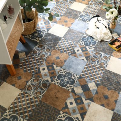 Sol PVC - Carreaux Art Déco - Marron et Bleu Gris - Rouleau de 3m x 23m
