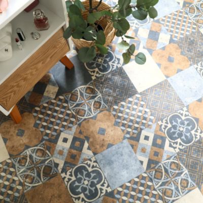 Sol PVC - Carreaux Art Déco - Marron et Bleu Gris - Rouleau de 3m x 23m