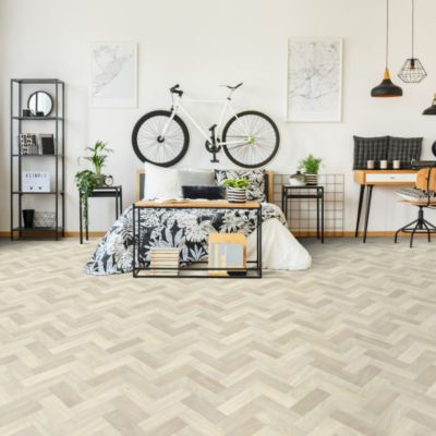 Sol PVC Textile Imitation Parquet blanchi  à chevrons - Rouleau de 4m x 20m