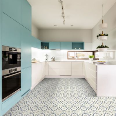 Sol PVC Textile motif carreaux de ciment Bleu et gris - 4m x 19m