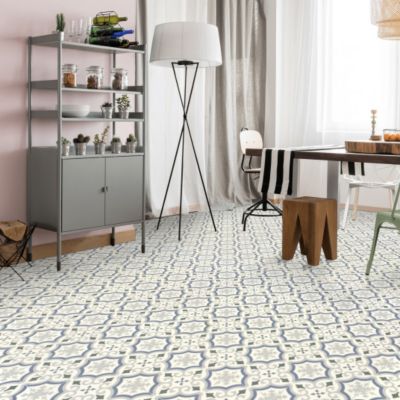 Sol PVC Textile motif carreaux de ciment Bleu et gris Rouleau de