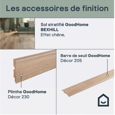 Sol stratifié Bexhill GoodHome, passage élevé AC4, effet chêne, L.138,3 cm x l.19,3 cm x ép.8 mm