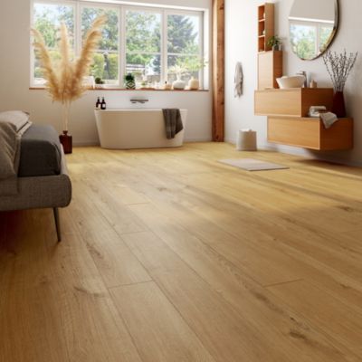 Sol stratifié Byrd GoodHome, passage intense AC5, effet chêne miel, L.125,7 cm x l.19,2 cm x ép.10 mm, résistant à l'eau