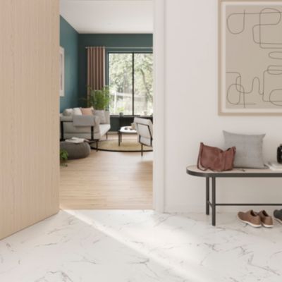 Sol stratifié clipsable Elegance aspect marbre blanc 8 mm compatible pièces humides