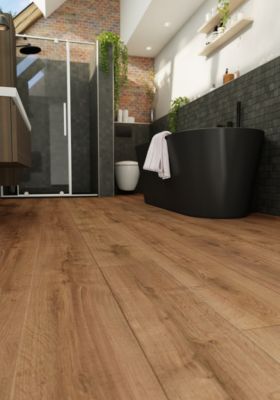 Sol stratifié Collville GoodHome, passage intense AC5, effet chêne brun foncé, L.129 cm x l.19,3 cm x ép.8 mm, résistant à l'eau