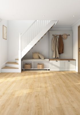 Sol stratifié Colville GoodHome, passage intense AC5, effet chêne blond, L.129 cm x l.19,3 cm x ép.8 mm, résistant à l'eau