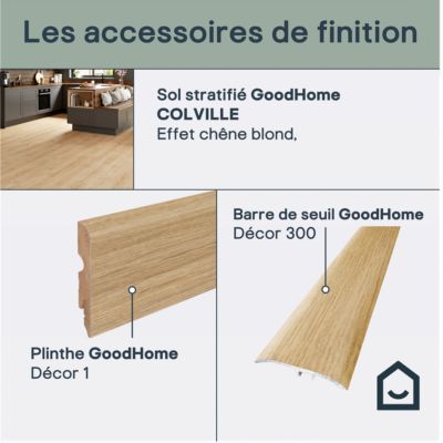 Sol stratifié Colville GoodHome, passage intense AC5, effet chêne blond, L.129 cm x l.19,3 cm x ép.8 mm, résistant à l'eau
