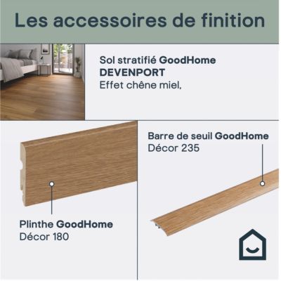 Sol stratifié Devonport GoodHome, passage élevé AC4, effet chêne miel, L.128,6 cm x l.19,4 cm x ép.8 mm