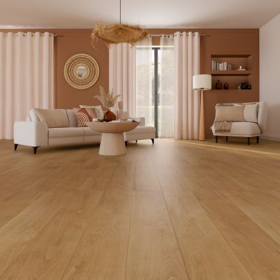Sol stratifié Gladstone GoodHome, passage élevé AC4, effet chêne blond, L.128,6 cm x l.19,4 cm x ép.8 mm