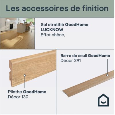 Sol stratifié Lucknow GoodHome, passage intense AC5, effet chêne, L.128,5 cm x l.28 cm x ép.8 mm, résistant à l'eau