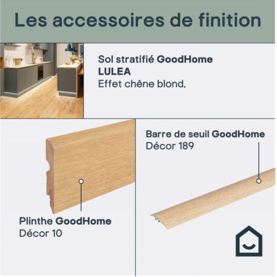 Sol stratifié Lulea GoodHome, passage élevé AC4, effet chêne blond, L.129,2 cm x l.24,6 cm x ép.8 mm, résistant à l'eau