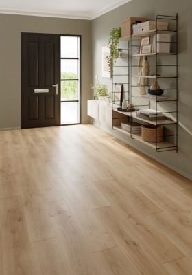 Sol stratifié Randolph GoodHome, passage intense AC5, effet chêne blond, L.129,2 cm x l.19,3 cm x ép.8 mm, résistant à l'eau