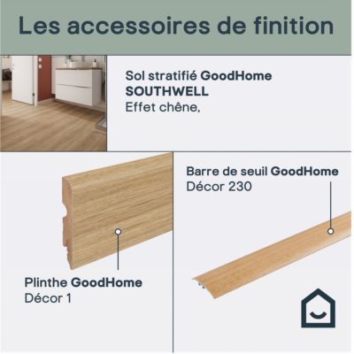 Sol stratifié Southwell GoodHome, passage intense AC5, effet chêne, L.118,37 cm x l.19,1 cm x ép.10 mm, résistant à l'eau
