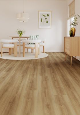 Sol stratifié Towcester GoodHome, passage élevé AC4, effet chêne blond, L.138,3 cm x l.19,3 cm x ép.8 mm, résistant à l'eau