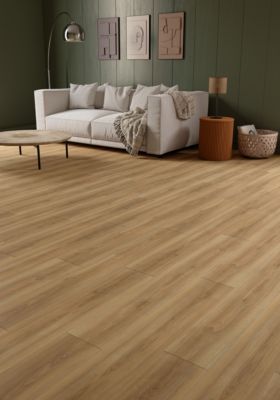 Sol stratifié Towcester GoodHome, passage élevé AC4, effet chêne blond, L.138,3 cm x l.19,3 cm x ép.8 mm, résistant à l'eau