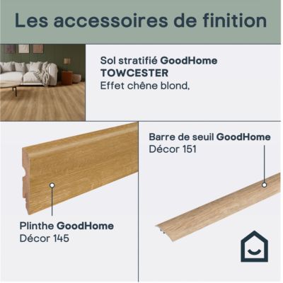 Sol stratifié Towcester GoodHome, passage élevé AC4, effet chêne blond, L.138,3 cm x l.19,3 cm x ép.8 mm, résistant à l'eau