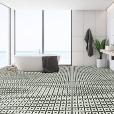 Sol Vinyle Carreaux de ciment graphique Noir blanc - Rouleau de 4m x 23m