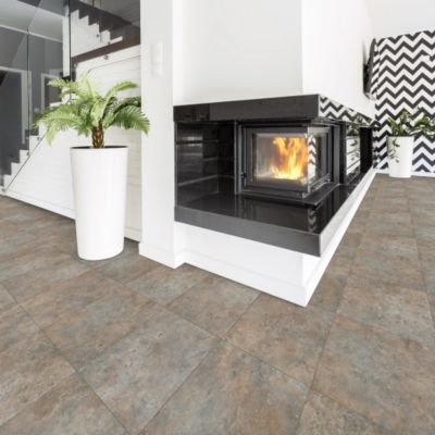 Sol Vinyle effet Carrelage métal - Rouille - Rouleau de 4m x 19m