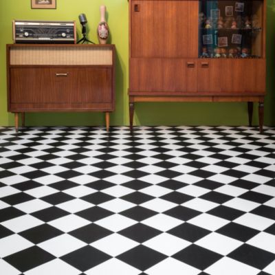 Sol Vinyle effet damier diagonal Noir et blanc - Rouleau de 4m x 2m