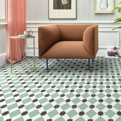 Sol Vinyle First - Effet carreaux de ciment géométrique - Vert d'eau - Rouleau de 3m x 3m