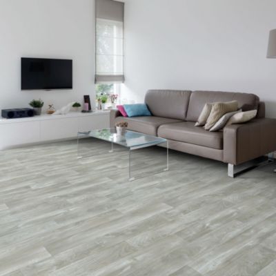 Sol Vinyle First - Imitation parquet gris clair - Effet argenté - Rouleau de 3m x 3m