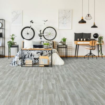 Sol Vinyle First - Imitation parquet gris clair - Effet argenté - Rouleau de 3m x 3m