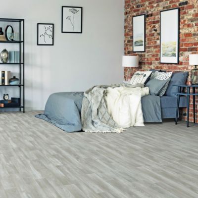 Sol Vinyle First - Imitation parquet gris clair - Effet argenté - Rouleau de 3m x 3m