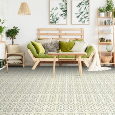 Sol Vinyle Inspiration - Effet carreaux de ciment arabesques - Bleu et ocre - Rouleau de 2m x 28m